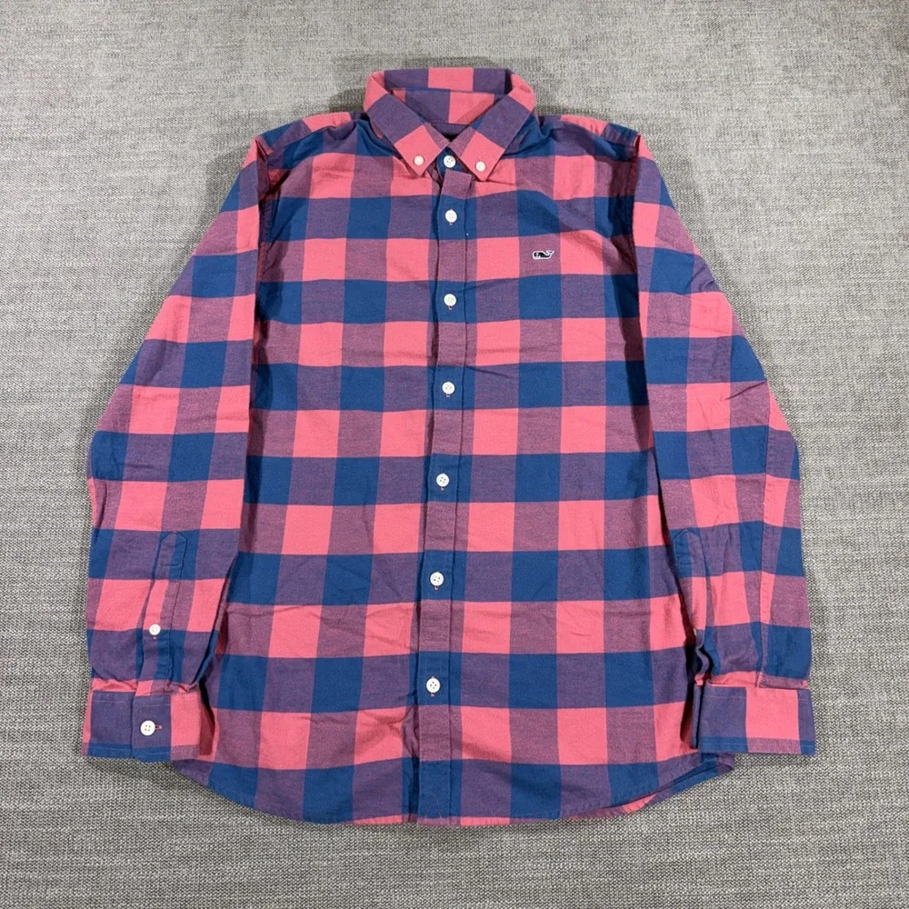 Vineyard Vines Button Down Shirt Boys L Pink Navy Blue Excellent Buffalo Check